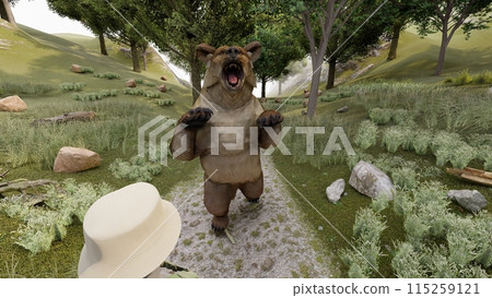 Mountain climbing, being attacked by a bear, bear standing, illustration CG Mountain climbing, being attacked by a bear, bear standing, illustration CG 115259121