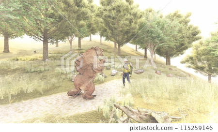 Mountain climbing, being attacked by a bear, bear standing, illustration CG 115259146