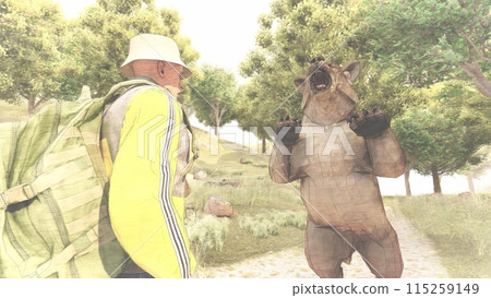 Mountain climbing, being attacked by a bear, bear standing, illustration CG 115259149