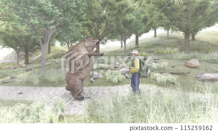 Mountain climbing, being attacked by a bear, bear standing, illustration CG Mountain climbing, being attacked by a bear, bear standing, illustration CG 115259162