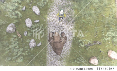 Mountain climbing, being attacked by a bear, bear standing, illustration CG 115259167