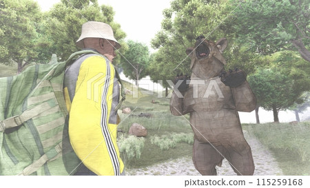 Mountain climbing, being attacked by a bear, bear standing, illustration CG 115259168