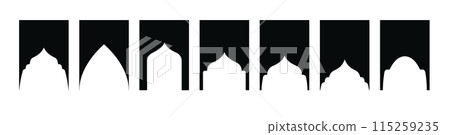 Arabic shapes windows and arches traditional ornament. Set of Islamic shape window frame in retro boho color. Vector 115259235
