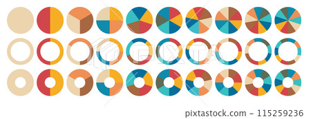 Pie charts diagrams. Different color circles isolated. Infographic element round shape. Vector 115259236
