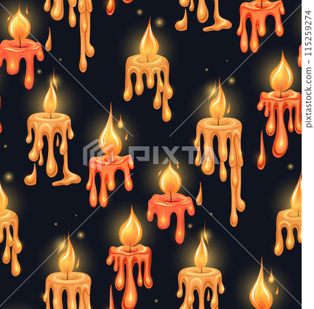 Vector holiday pattern with flowing paraffin candles with fire on a dark background. Texture with paraffin light candle wax tops. 115259274
