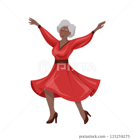 Vector flat clip art illustration of happy beautiful senior african woman in red dress isolated from background. Joyful old Black lady 115259275