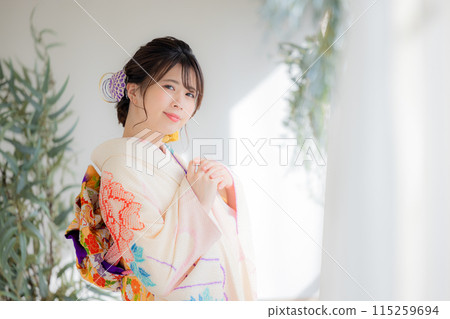 A portrait of a woman wearing a kimono with full kimono 115259694