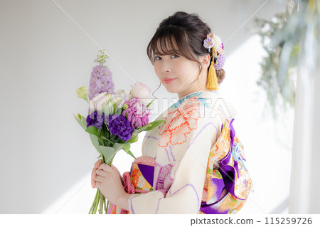 A portrait of a woman wearing a kimono with full kimono 115259726