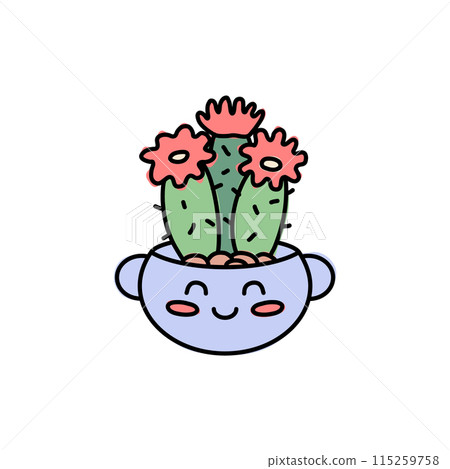 Funny round pot with muzzle. Kawaii cactus with flowers. Cute vector illustration. Funny round pot with muzzle. Kawaii cactus with flowers. Cute vector illustration. 115259758