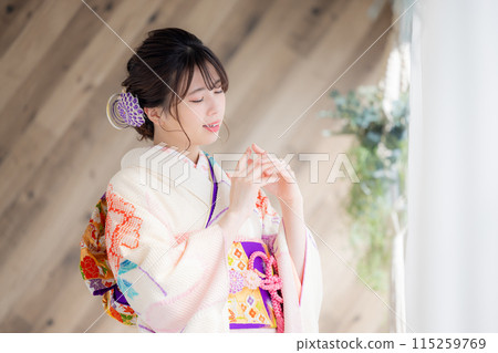A portrait of a woman wearing a kimono with full kimono 115259769