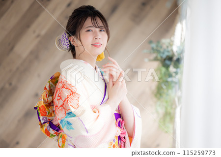A portrait of a woman wearing a kimono with full kimono 115259773