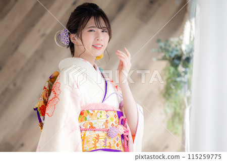A portrait of a woman wearing a kimono with full kimono 115259775