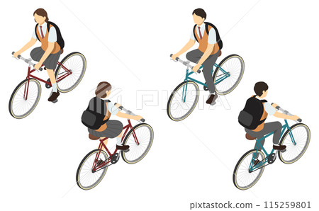 Isometric illustration: Male and female high school students riding bicycles (summer clothes) 115259801