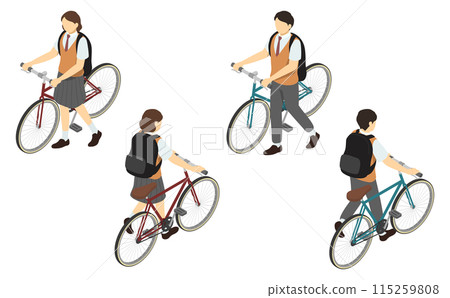 等軸圖：男女高中生推自行車（夏裝） 115259808