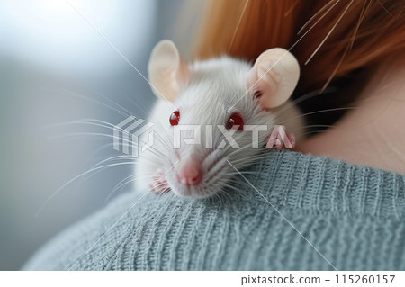 Cute little domestic white rat with red eyes sits on person shoulder, love and pet care 115260157