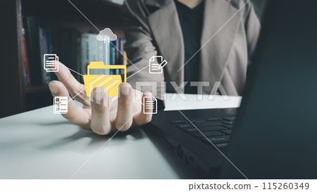 Document Management System, Officer using laptop manage files, Online document database management, automated processes to manage system, ERP enterprise efficient, business technology Document Management System, Officer using laptop manage files, Online document database management, automated processes to manage system, ERP enterprise efficient, business technology 115260349