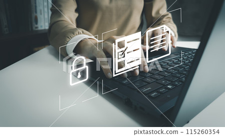 Document Management System, Officer using laptop manage files, Online document database management, automated processes to manage system, ERP enterprise efficient, business technology 115260354