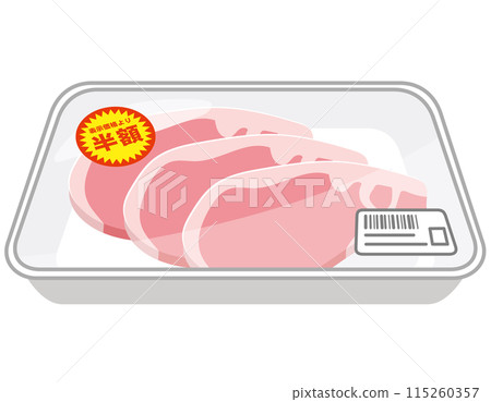Pork with a half-price sticker on it, pork in a package 115260357