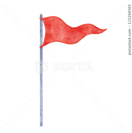 Watercolor red triangular flag. Hand drawn graphic drawing on isolated background. 115260565