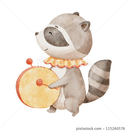 Watercolor cute baby circus raccoon with drum. Funny animal. Hand drawn isolated illustration for kids Watercolor cute baby circus raccoon with drum. Funny animal. Hand drawn isolated illustration for kids 115260576