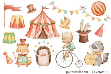 Circus cute animals, watercolor hand drawn illustrations set for nursery and kids. Woodland baby animals - elephant, bear and bunny in magic hat 115260585