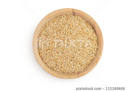 Sesame seeds in wooden bowl isolated on white background. Top view. Flat lay Sesame seeds in wooden bowl isolated on white background. Top view. Flat lay 115260606