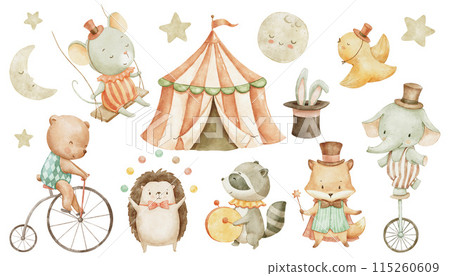 Circus cute animals, watercolor illustrations set for nursery and kids. Woodland baby animals 115260609