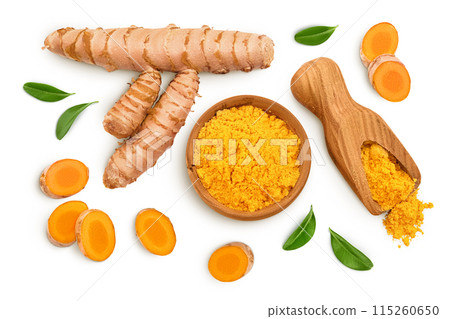 Turmeric powder in wooden scoop and bowl and turmeric root isolated on white background. Top view. Flat lay 115260650