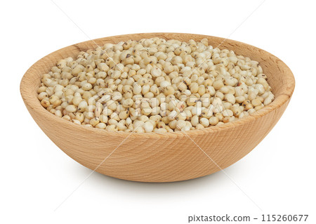 Sorghum seeds in wooden bowl isolated on white background with full depth of field. Sorghum seeds in wooden bowl isolated on white background with full depth of field. 115260677