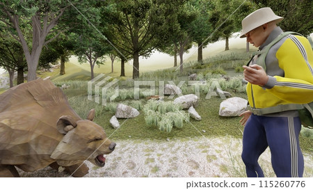 Mountain climbing: Attacked by a bear. A bear approaches on foot. Illustration CG. 115260776