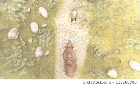 Mountain climbing: Attacked by a bear. A bear approaches on foot. Illustration CG. 115260796