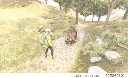 Mountain climbing: Attacked by a bear. A bear approaches on foot. Illustration CG. Mountain climbing: Attacked by a bear. A bear approaches on foot. Illustration CG. 115260801