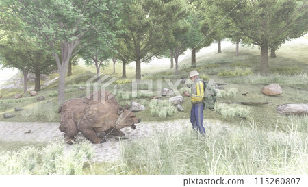 Mountain climbing: Attacked by a bear. A bear approaches on foot. Illustration CG. Mountain climbing: Attacked by a bear. A bear approaches on foot. Illustration CG. 115260807