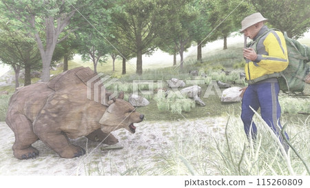 Mountain climbing: Attacked by a bear. A bear approaches on foot. Illustration CG. Mountain climbing: Attacked by a bear. A bear approaches on foot. Illustration CG. 115260809