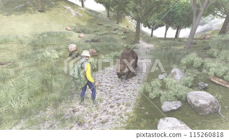 Mountain climbing: Attacked by a bear. A bear approaches on foot. Illustration CG. Mountain climbing: Attacked by a bear. A bear approaches on foot. Illustration CG. 115260818