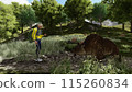 Mountain climbing: Attacked by a bear. A bear approaches on foot. Illustration CG. 115260834