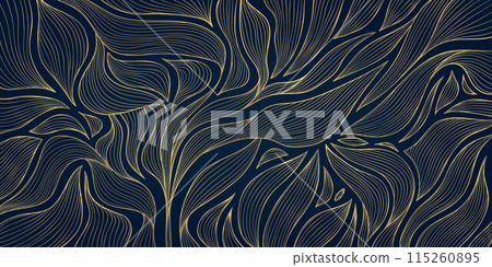 Vector leaf luxury wallpaper, floral gold on blue background, art deco line jungle texture. Nature elegant vintage illustration, fancy decoration, classic print Vector leaf luxury wallpaper, floral gold on blue background, art deco line jungle texture. Nature elegant vintage illustration, fancy decoration, classic print 115260895