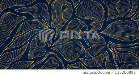Vector leaf luxury wallpaper, floral gold on blue background, art deco line jungle texture. Nature elegant vintage illustration, fancy decoration, classic print 115260896