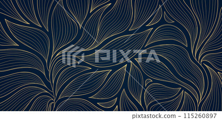 Vector leaf luxury wallpaper, floral gold on blue background, art deco line jungle texture. Nature elegant vintage illustration, fancy decoration, classic print 115260897