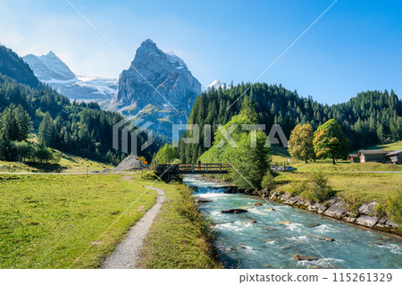 Rosenlaui with wellhorn swiss alps and Reichenbach river in summer at Switzerland Rosenlaui with wellhorn swiss alps and Reichenbach river in summer at Switzerland 115261329