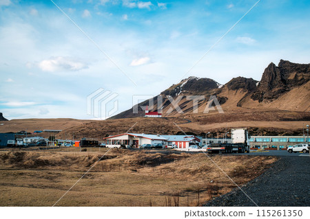 Vik I Myrdal Church or Reyniskirkja Church among the village on hill in Vik town during autumn at Iceland 115261350