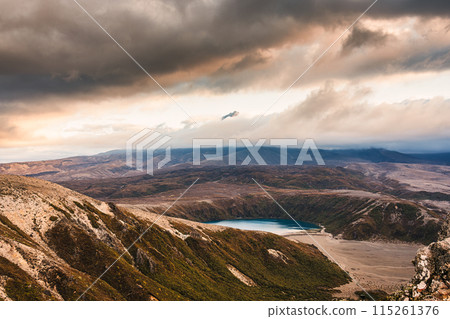 Sunset over Tama Lakes with Mount Ruapehu hiding in the cloud at Tongariro national park, New Zealand 115261376