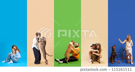 Collage. Happy moments together. Man and women hugs and playing to training their little beloved pets against colorful background. 115261511