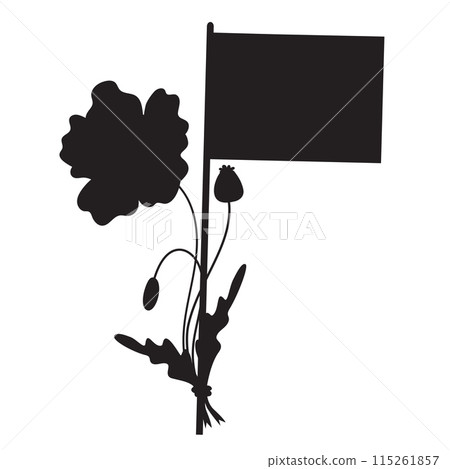 Memorial Day. Flag with poppy flower. Black silhouette hand drawing. Vector illustration. 115261857