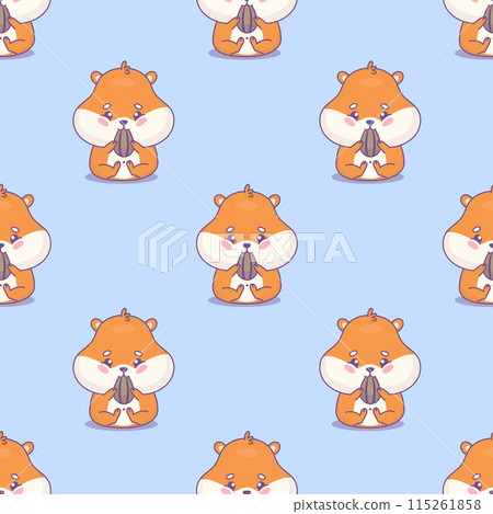 Seamless pattern with funny hamster eats seed on blue background. Cute rodent cartoon kawaii character. Vector illustration. Kids collection. 115261858