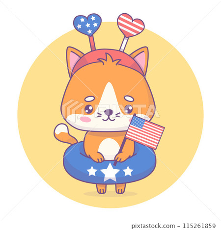 Playful patriotic cat with rubber circle and American flag. Funny holiday Independence Day cartoon kawaii character. Beach or pool party. Vector illustration. 115261859