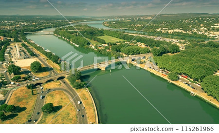Aerial view of bridges over the Rhone River in Avignon, France 115261966