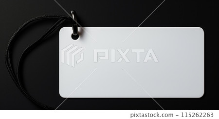Empty, white, stylish plastic card on rope, tag for price of product or brand name on minimalistic black background, concept of shopping, sales and discounts 115262263