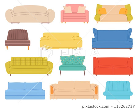Cartoon couches and sofas. Home interior soft comfort furniture with pillows, cozy living room elements, modern comfortable house lounge objects, front view, vector isolated set 115262737