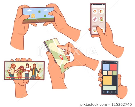 Cartoon human hands holding smartphones. People using mobile phones, movies, maps, ordering food, electronic games, touch screen technology, digital device vector isolated set Cartoon human hands holding smartphones. People using mobile phones, movies, maps, ordering food, electronic games, touch screen technology, digital device vector isolated set 115262740